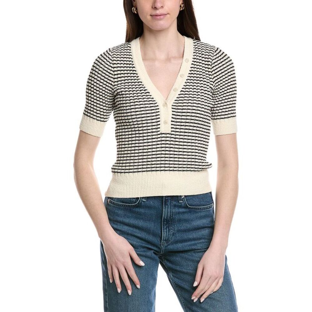 Frame Denim Womens  The Stripe V-Neck Sweater, White
